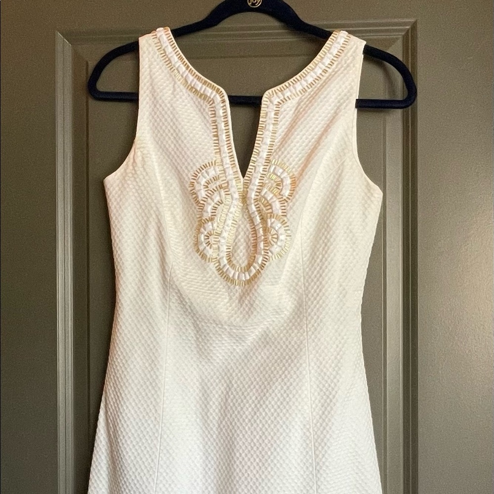 Lilly Pulitzer white shift dress with white and gold beaded embellishment
